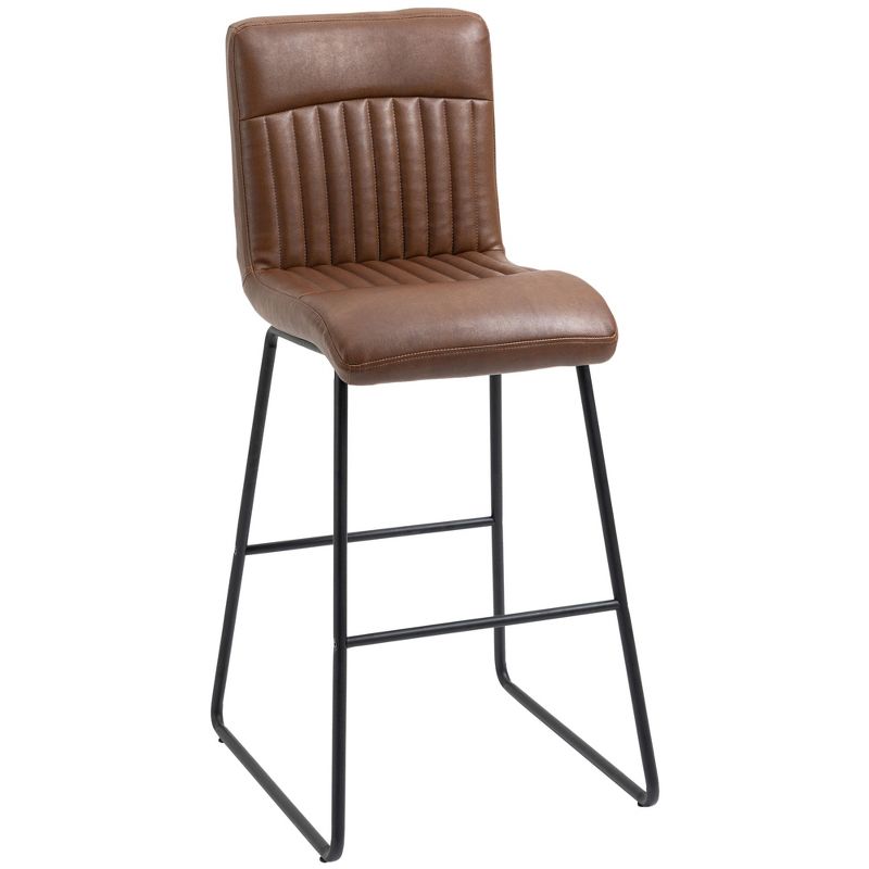 HOMCOM 30" Industrial Bar Stool, PU Leather Barstool with Footrest, Upholstered Armless Pub Height Chair, Brown / Black, 4 of 7
