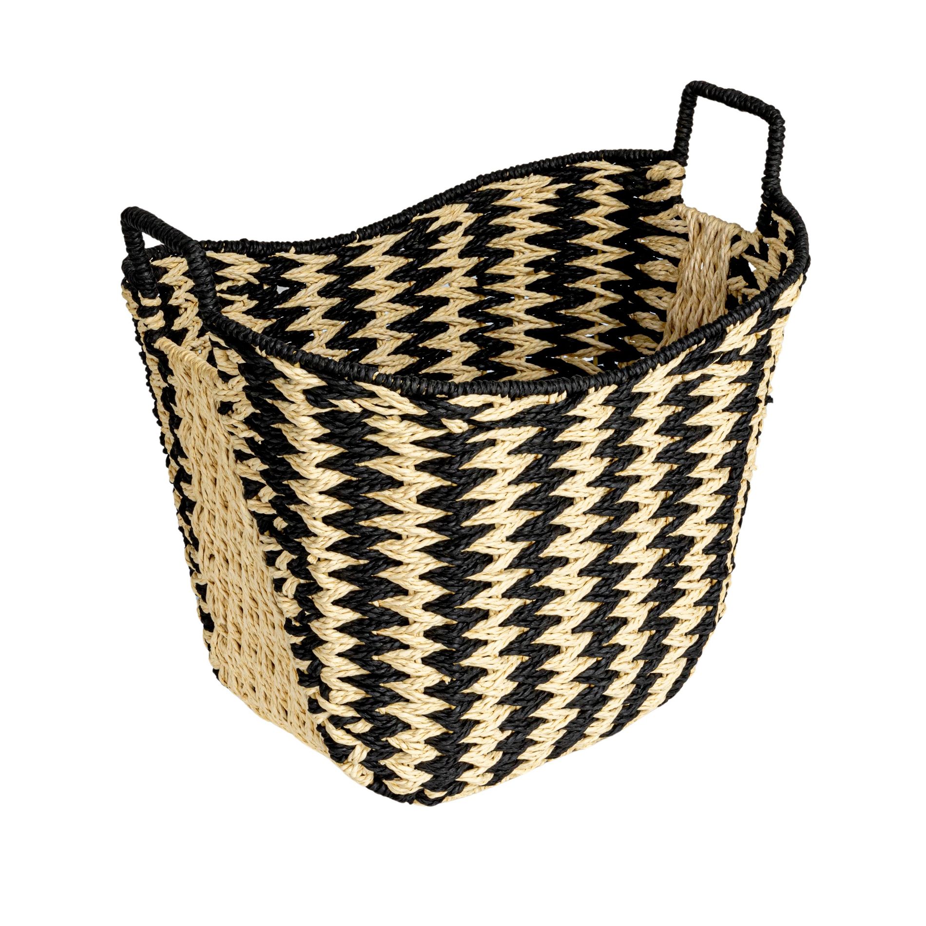 Zigzag Woven Paper Rope Basket, Black and Natural