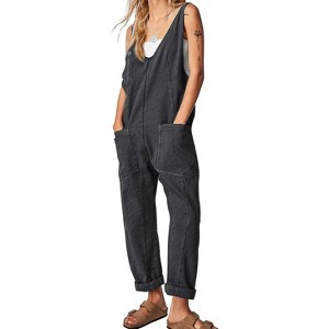 EXLURA Womens High Roller Denim Bib Jumpsuits Casual Loose Overalls Baggy Jeans Romper with Pockets Outfits - 1 of 4