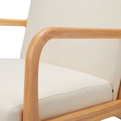 Beige Linen and Oak Wood Mid Century Modern Accent Chair
