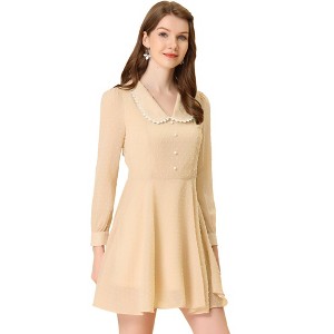 INSPIRE CHIC Women's Peter Pan Collar Crochet Trim Long Sleeve Swiss Dots Retro Mini Dress - 1 of 4