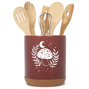 Elanze Designs 8 inch Moon Mushroom Leaf and Stars Large Ceramic Kitchen Utensil Holder Red and White Crock with Cork Base - 1 of 4