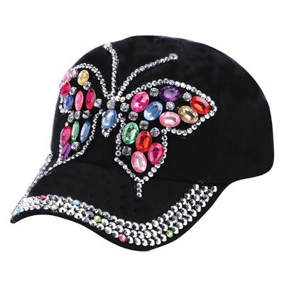 Collections Etc Butterfly Rhinestone Black Twill Cotton Baseball Hat NO SIZE Black