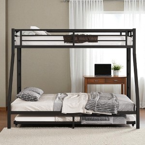 Mshliw Twin XL Over Queen Metal Bunk Bed with Twin Trundle, Heavy-Duty Frame, Dual Side Ladder, Guardrail Safety, Space-Saving Design for Family - 1 of 4