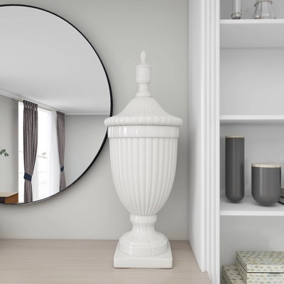 32" White Ceramic Tall Fluted Decorative Urn