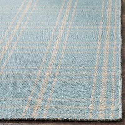 Light Blue Plaid Wool and Cotton Flat Woven Rug
