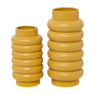 CosmoLiving by Cosmopolitan Set of 2 Ceramic Vase with Ring Ribbing Yellow: Modern Stoneware Decor - 1 of 4