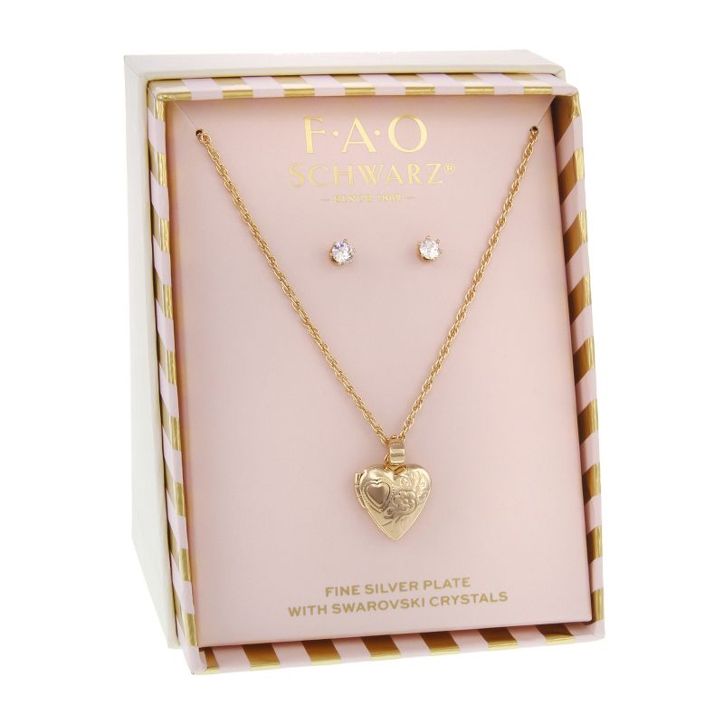 FAO Schwarz Heart Locket Necklace and Stud Earring Set, 3 of 5