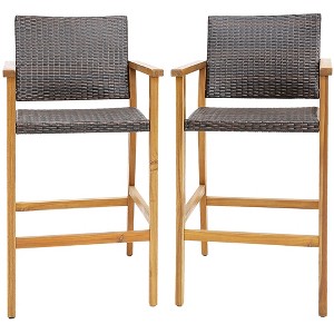 Costway 2PCS/4PCS Patio PE Wicker Bar Chairs Height Barstools with Acacia Wood Armrests Balcony - 1 of 4