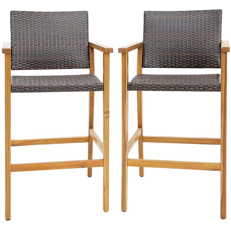Costway 2PCS/4PCS Patio PE Wicker Bar Chairs Height Barstools with Acacia Wood Armrests Balcony, 1 of 10