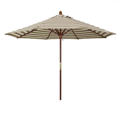 California Umbrella Grove Series 9 Ft Octagonal Hardwood Patio Umbrella W/ Push Lift - Olefin Beige White Cabana Stripe Canopy - MARE908-F94