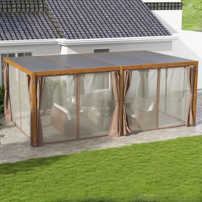 Natural Brown Aluminum Pergola with Adjustable Louvered Roof and Curtains