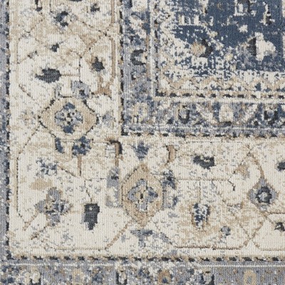 Ivory and Blue Geometric Floral Synthetic Area Rug