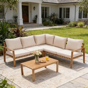 L-Shaped Outdoor Patio Furniture Set with All-Aluminum Frame and Wood ...
