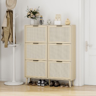 TIRAMISUBEST Rattan 6 Door Shoe Rack, Freestanding Modern Shoe Storage Cabinet, for Entryway