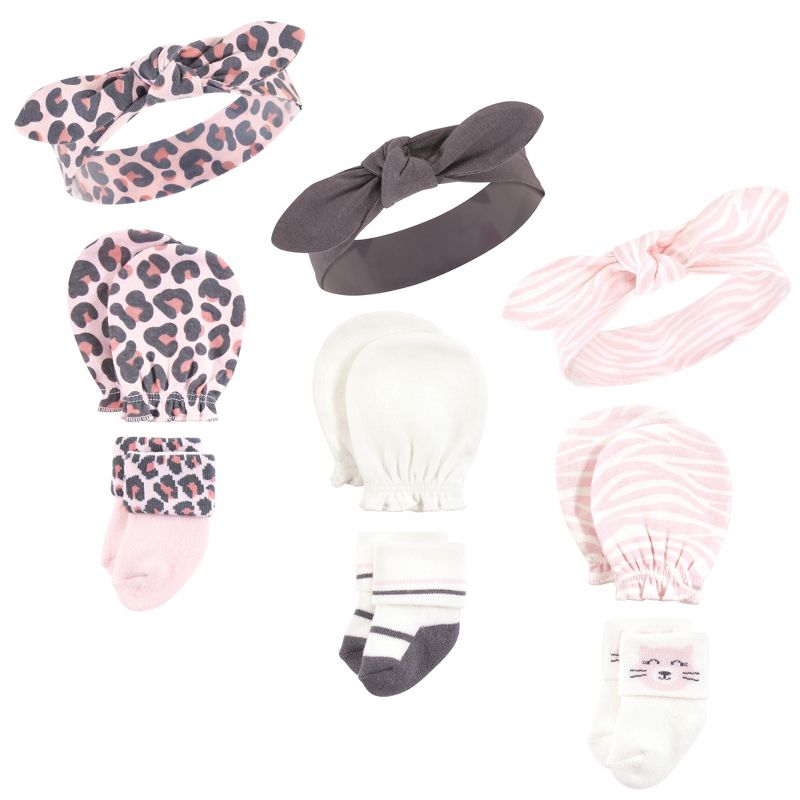 Hudson Baby Infant Girl Caps, Mittens and Socks Set, Leopard, 0-6 Months, 1 of 6