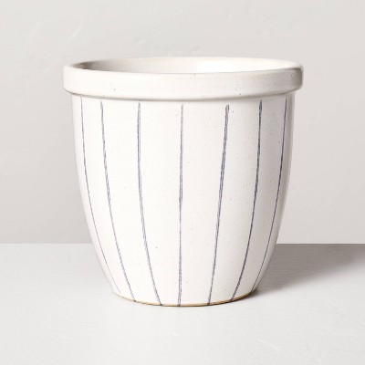 Image of Simple white ceramic planter with blue stripe