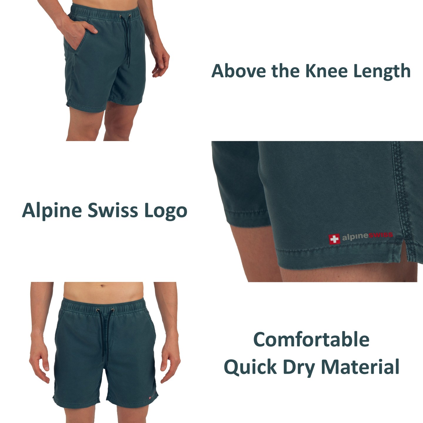 Мужские шорты Alpine Swiss Swim Shorts Beach Trunks Boardshorts Volley Shorts Quick Dry Swimwear Gray Green BoardShort Medium, цвет: Тёмный бирюзовый — фото 4