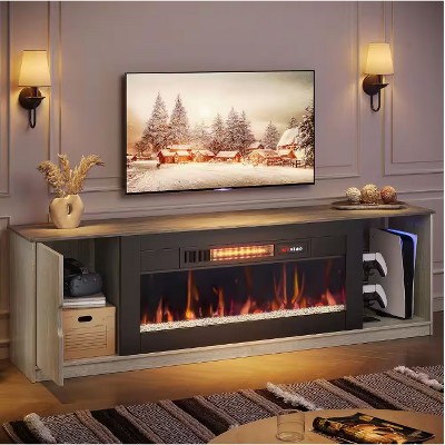 Bestier 70" LED Modern Fireplace TV Stand for TVs Up to 80", PS5 Gaming TV Console Table with 36" Fireplace & Cabinet for Living Room