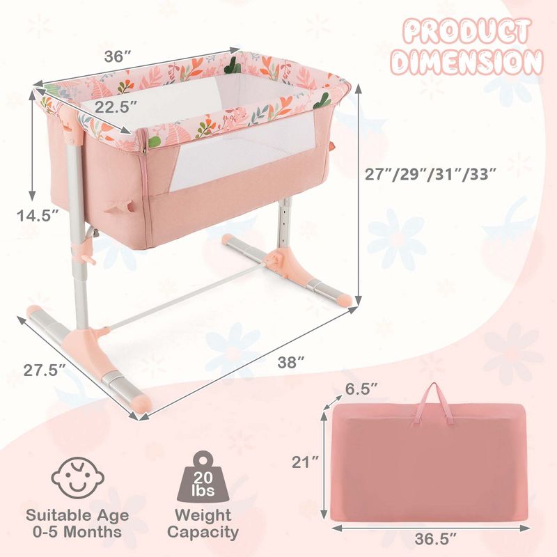 Babyjoy Folding Baby Bassinet Bedside Sleeper with 4 Adjustable Heights, Retractable Feet Pink, 3 of 9