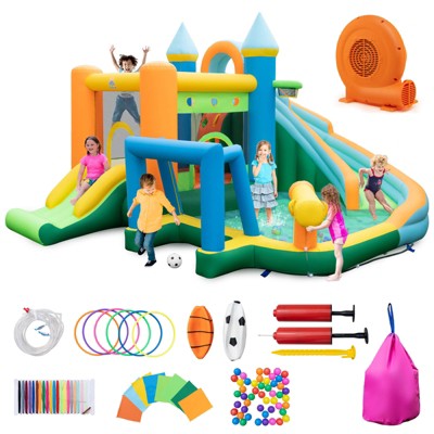 Infans Inflatable Water Slide, 9 in 1 Giant Water Bounce House Park w/Dual Slides, Soccer Gate, Deep Splash Pool, with 680W Blower