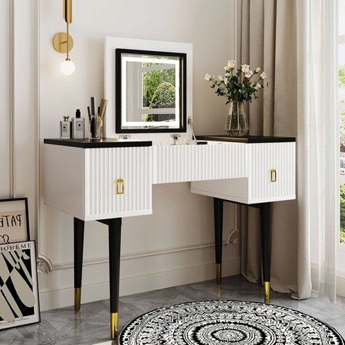 43.3 Modern Vanity Table Set With Flip-up Mirror, Led Lights And Storage,  Black+white - Modernluxe : Target
