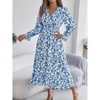 Coolmee Women Boho Floral Waist Smocked Cross V Neck Ruffled Long Sleeve Casual A-Line Midi Dress - 3 of 4