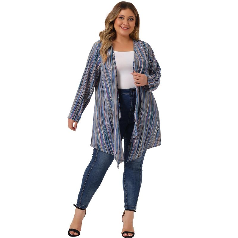 Agnes Orinda Women's Plus Size Boho Striped Draped Contrast Color Flowy Cover Up Cardigans, 3 of 6