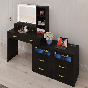 Corner Makeup Vanity Desk With LED Lighted Mirror Power Outlet And Storage With 10 Drawers Vanity Table Includes Stool For Bedroom - 1 of 4
