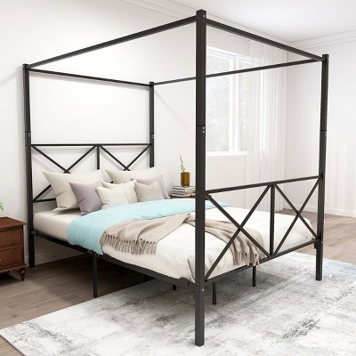 Streamdale Metal Canopy Bed Frame, Platform Bed Frame Queen with X Shaped Frame Queen Black