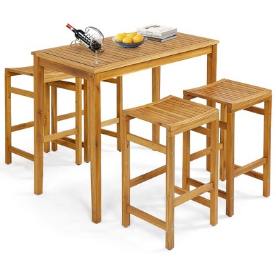Tangkula 5 Pieces Patio Acacia Wood Bar Set Outdoor Bar Height Table & Saddle Stool Chairs Set