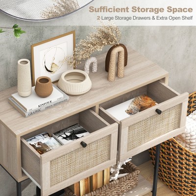 Natural Wood and Rattan Console Table with Metal Frame