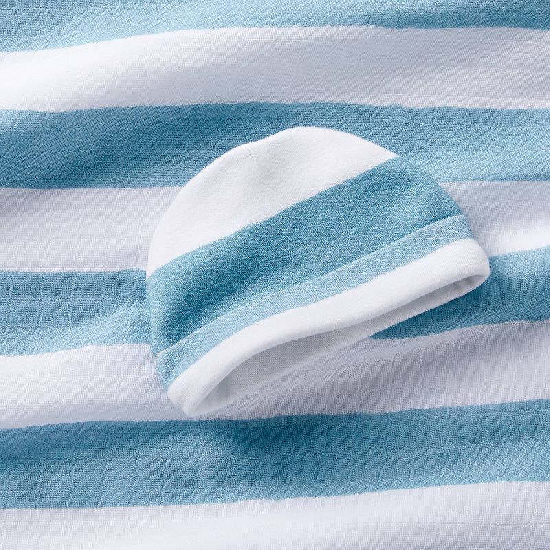 Hospital Muslin Swaddle Baby Blanket and Hat Gift Set - Blue and White Stripes - 2pk - Cloud Island&#8482;, 4 of 6