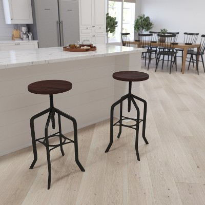 Sleek 30'' Adjustable Black Metal and Wood Swivel Bar Stool