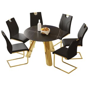 Infurnic Dining Sets Round Table Paired with Six Uniquely designed White Dining Chairs With Golden Metal Leg , White, 42"*42"*29.5" - 1 of 4