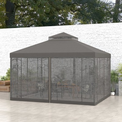 Gray Steel Patio Gazebo with Mesh Curtains and Shelves