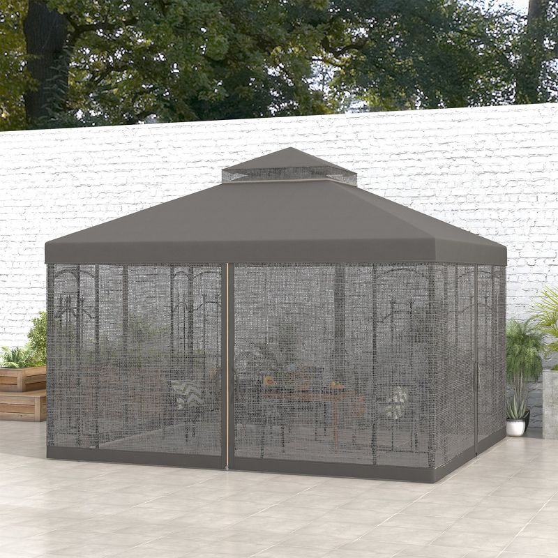 Outsunny 141.7" x 118.1" Steel Outdoor Patio Gazebo Canopy with Removable Mesh Curtains, Display Shelves, & Steel Frame, Gray, 2 of 7