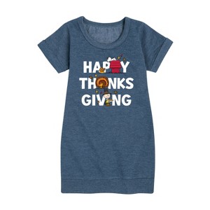 Girls' - Peanuts - Happy Thanksgiving Icons Graphic Short Sleeve Fleece Dress - 1 of 4
