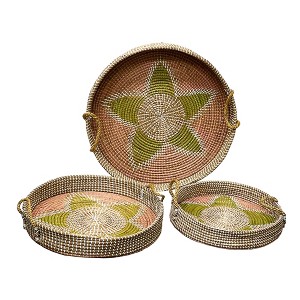Essential Decor & Beyond 3-Piece Set Colored Sea Grass Round Tray with Rope Handle Decorative Accent - 1 of 1