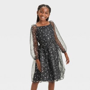 Girls' FAO Schwarz Metallic Mesh Dress - Black - 1 of 3