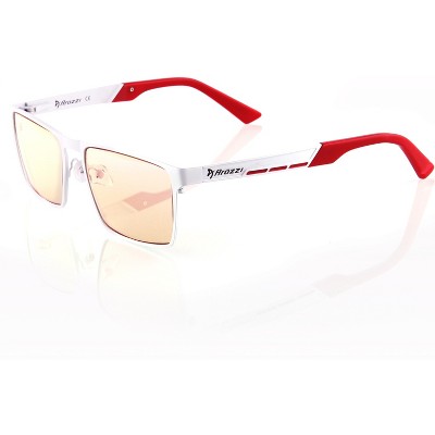 Arozzi Visione VX-800 Computer Blue Light Blocking Gaming Glasses, White & Red Stainless Steel Frame, Tinted Purple Lens (VX800-1)