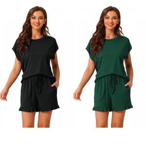 INSPIRE CHIC Women's 2 Pcs Summer Soft Short-Sleeve Tee with Ruffled Shorts Lounge Pajama Set - 1 of 4