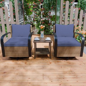 YARDSIGHT 3-Piece Patio Swivel Rocker Conversation Set with 2 Armchairs and 1 Wicker Side Table, Wood-Look Metal Tabletop and Olefin Cushions - 1 of 4