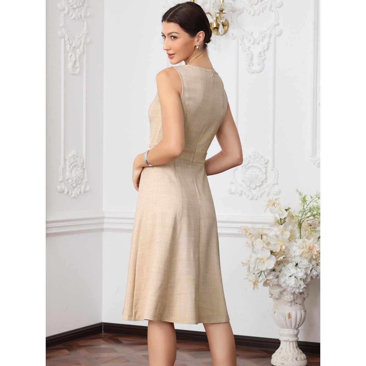 Женские платья INSPIRE CHIC Women's Business Casual Work Sleeveless Boat Neck A Line Midi Dresses Small Beige — фото 3