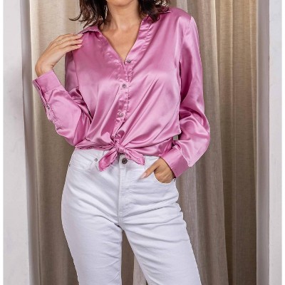Women's Stretch Satin Long Sleeve Button Front Blouse - PAPARAZZI