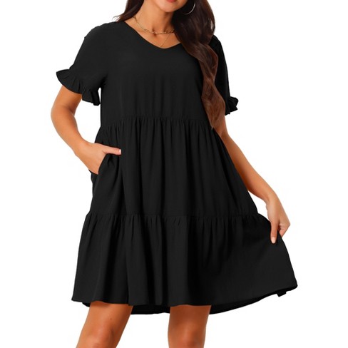 Seta T Women's Casual V Neck Ruffle Short Sleeve Tiered A-line Flowy Beach  Babydoll Dress With Pockets Black Large : Target