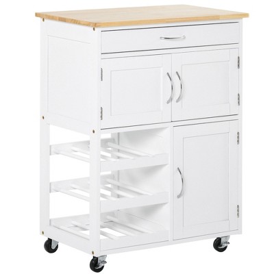 White Wood Rolling Kitchen Cart with Butcher Block Top and Wine Rack