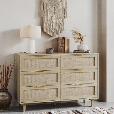 Angel Sar 6 Drawer Rattan Dresser for Bedroom, 43" Boho Chest of Drawers, Metal Handle&Wood Legs, Wood