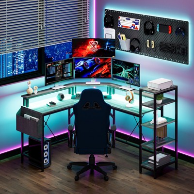 61'' L-Shaped Gaming Desk, Ergonomic Computer Desk with 5-Tier Storage Shelves & Bag, Home Office