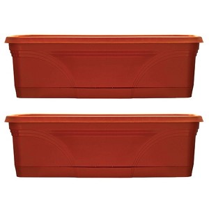 Southern Patio 36 Inch Rectangular Plastic Medallion Hanging Windowsill and Garden Box Planters with Drainage Holes, Terracotta (2 Pack) - 1 of 4